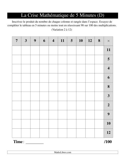 « La Crise Mathématique » de 5 Minutes -- Une grille par page (Variation 2 à 12) (Version gauche) (D)