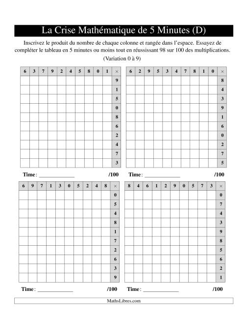 « La Crise Mathématique » de 5 Minutes -- 4 grilles par page (Variation 0 à 9) (Version gauche) (D)