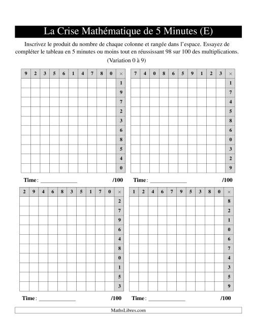 « La Crise Mathématique » de 5 Minutes -- 4 grilles par page (Variation 0 à 9) (Version gauche) (E)
