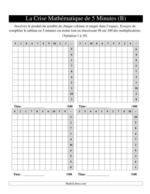 « La Crise Mathématique » de 5 Minutes -- 4 grilles par page (Variation 1 à 10) (Version gauche) (B)
