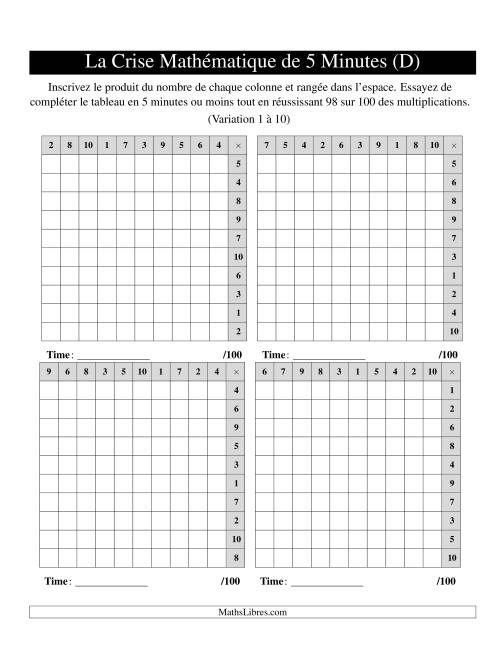 « La Crise Mathématique » de 5 Minutes -- 4 grilles par page (Variation 1 à 10) (Version gauche) (D)