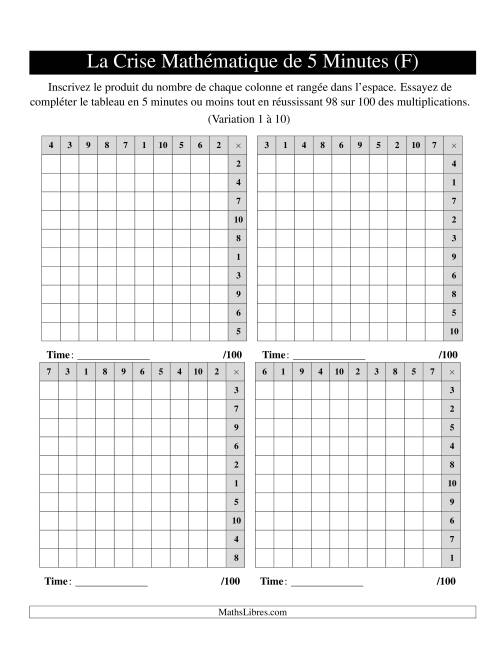 « La Crise Mathématique » de 5 Minutes -- 4 grilles par page (Variation 1 à 10) (Version gauche) (F)