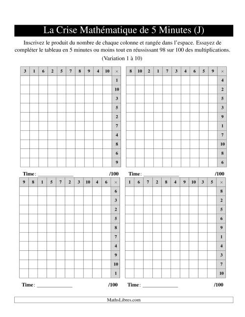 « La Crise Mathématique » de 5 Minutes -- 4 grilles par page (Variation 1 à 10) (Version gauche) (J)
