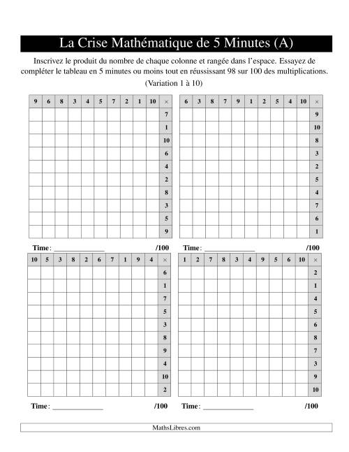 « La Crise Mathématique » de 5 Minutes -- 4 grilles par page (Variation 1 à 10) (Version gauche) (Tout)