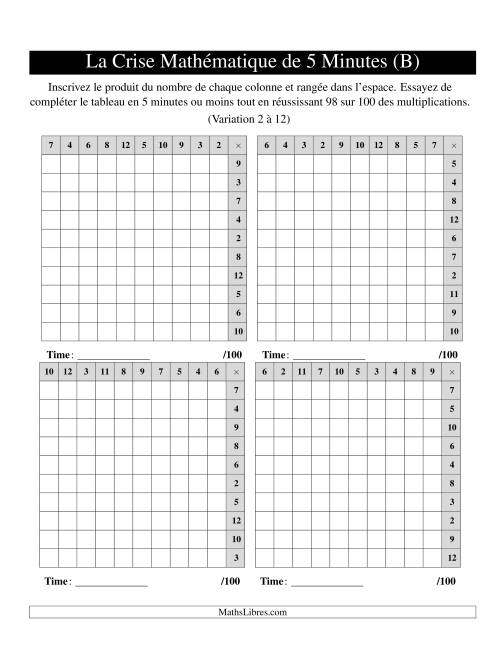 « La Crise Mathématique » de 5 Minutes -- 4 grilles par page (Variation 2 à 12) (Version gauche) (B)
