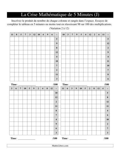 « La Crise Mathématique » de 5 Minutes -- 4 grilles par page (Variation 2 à 12) (Version gauche) (J)