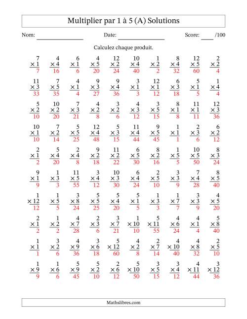 Multiplier (1 à 12) par 1 à 5 (100 Questions) (A) page 2