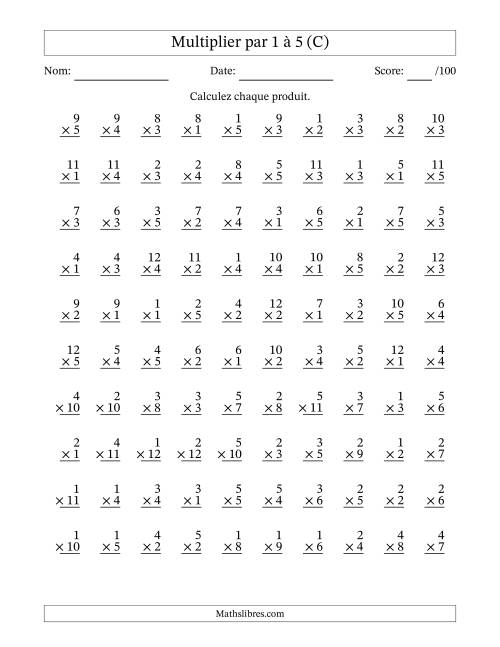 Multiplier (1 à 12) par 1 à 5 (100 Questions) (C)