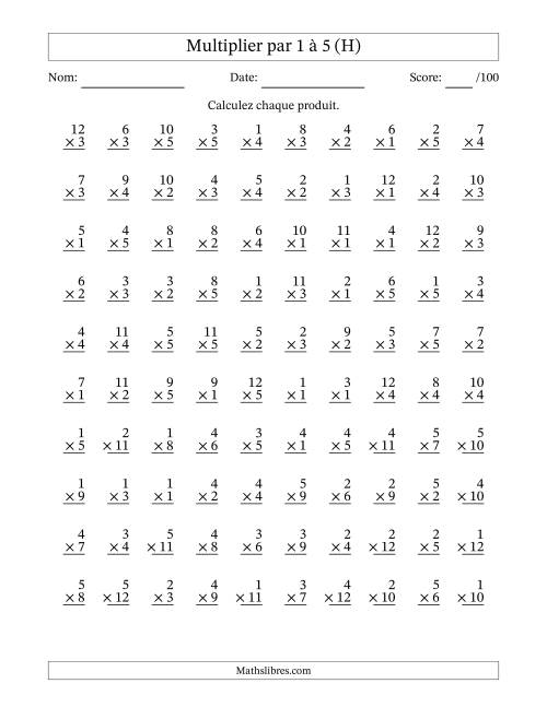 Multiplier (1 à 12) par 1 à 5 (100 Questions) (H)