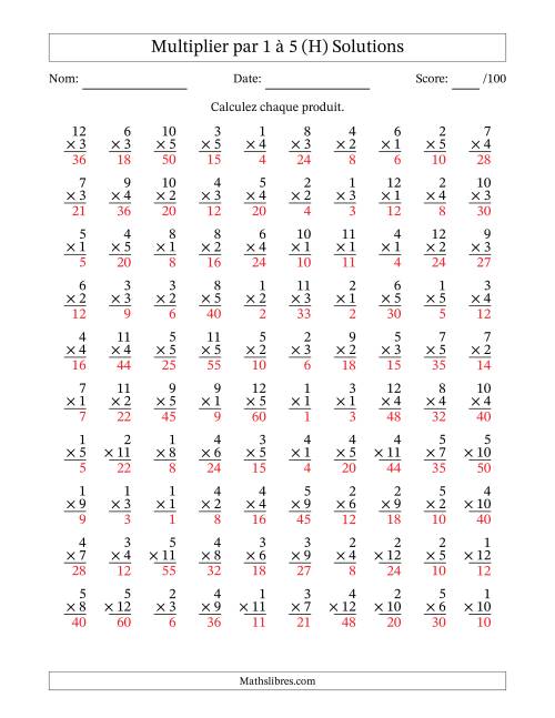 Multiplier (1 à 12) par 1 à 5 (100 Questions) (H) page 2