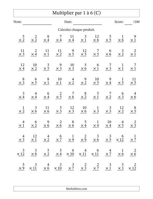 Multiplier (1 à 12) par 1 à 6 (100 Questions) (C)