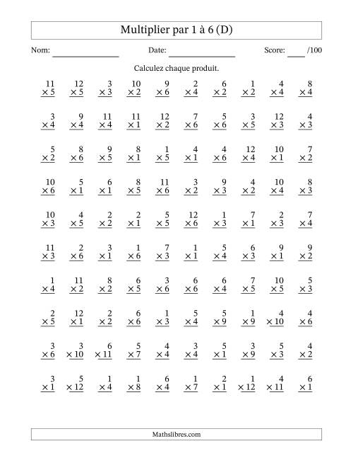 Multiplier (1 à 12) par 1 à 6 (100 Questions) (D)