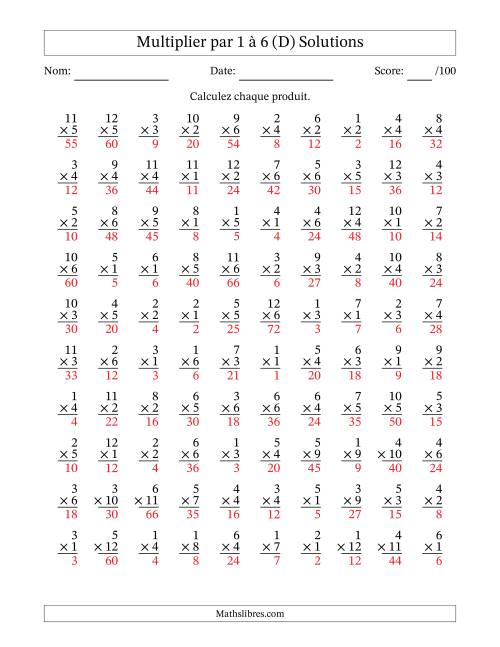 Multiplier (1 à 12) par 1 à 6 (100 Questions) (D) page 2