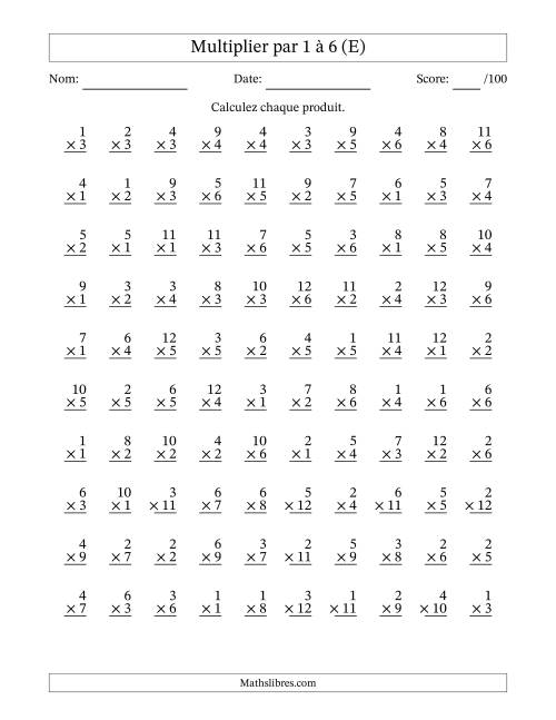 Multiplier (1 à 12) par 1 à 6 (100 Questions) (E)