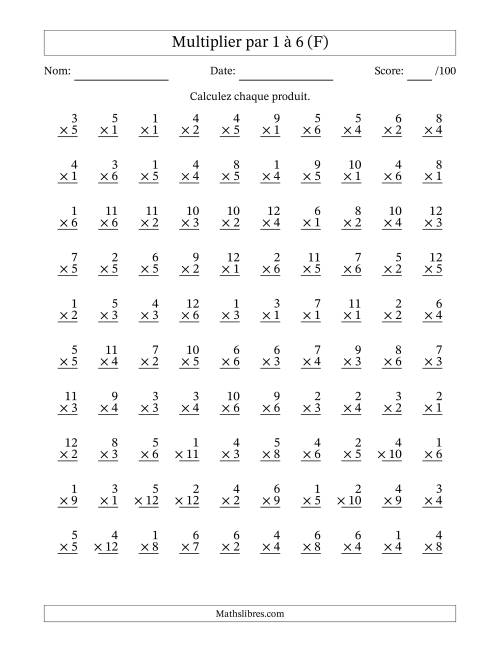Multiplier (1 à 12) par 1 à 6 (100 Questions) (F)
