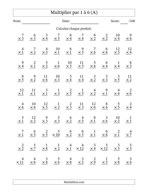 Multiplier (1 à 12) par 1 à 6 (100 Questions) (Tout)