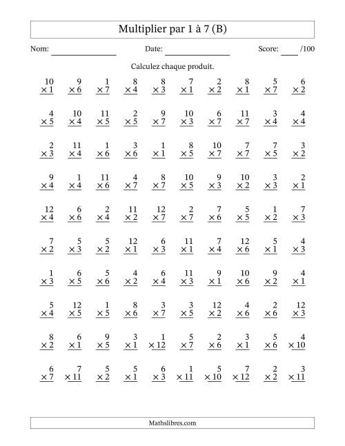 Multiplier (1 à 12) par 1 à 7 (100 Questions) (B)