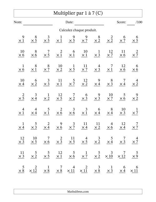 Multiplier (1 à 12) par 1 à 7 (100 Questions) (C)