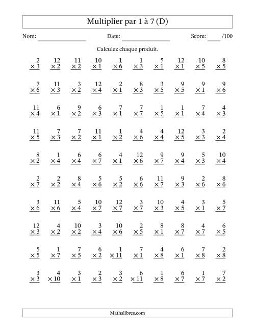 Multiplier (1 à 12) par 1 à 7 (100 Questions) (D)