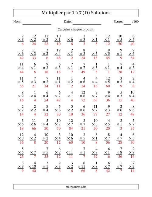 Multiplier (1 à 12) par 1 à 7 (100 Questions) (D) page 2