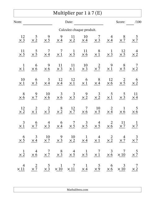 Multiplier (1 à 12) par 1 à 7 (100 Questions) (E)