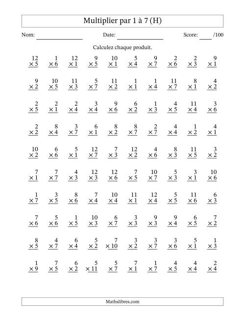 Multiplier (1 à 12) par 1 à 7 (100 Questions) (H)