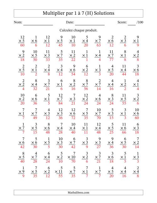 Multiplier (1 à 12) par 1 à 7 (100 Questions) (H) page 2