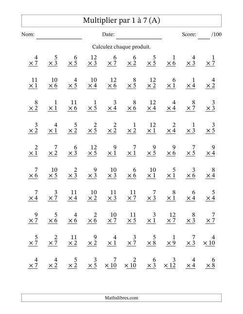 Multiplier (1 à 12) par 1 à 7 (100 Questions) (Tout)