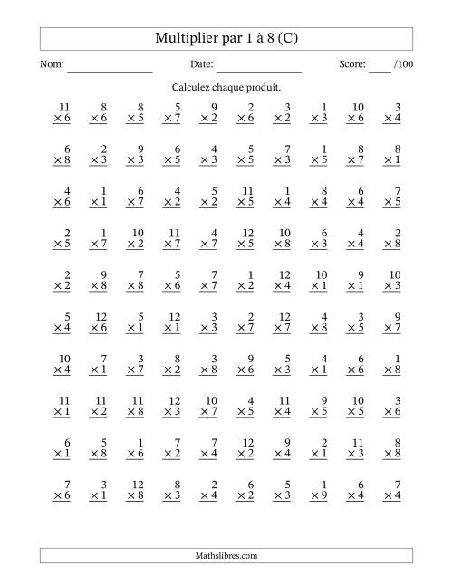 Multiplier (1 à 12) par 1 à 8 (100 Questions) (C)