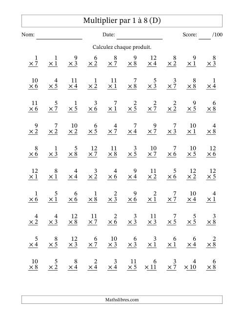 Multiplier (1 à 12) par 1 à 8 (100 Questions) (D)