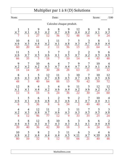 Multiplier (1 à 12) par 1 à 8 (100 Questions) (D) page 2