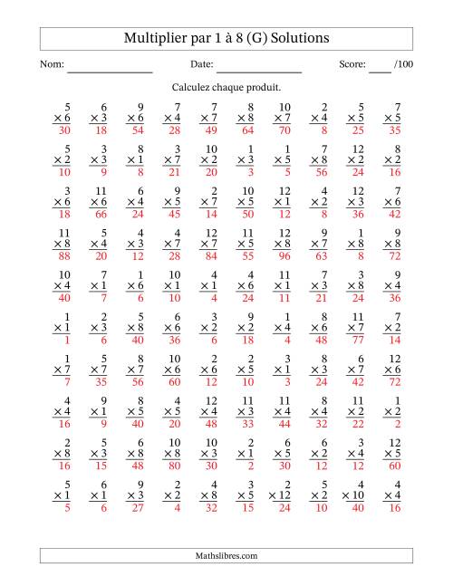 Multiplier (1 à 12) par 1 à 8 (100 Questions) (G) page 2