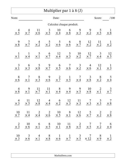 Multiplier (1 à 12) par 1 à 8 (100 Questions) (J)