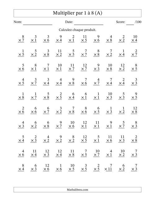 Multiplier (1 à 12) par 1 à 8 (100 Questions) (Tout)