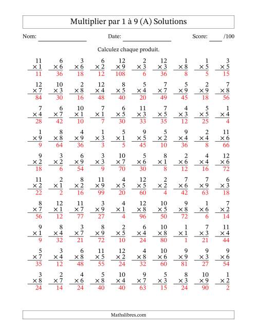 Multiplier (1 à 12) par 1 à 9 (100 Questions) (A) page 2