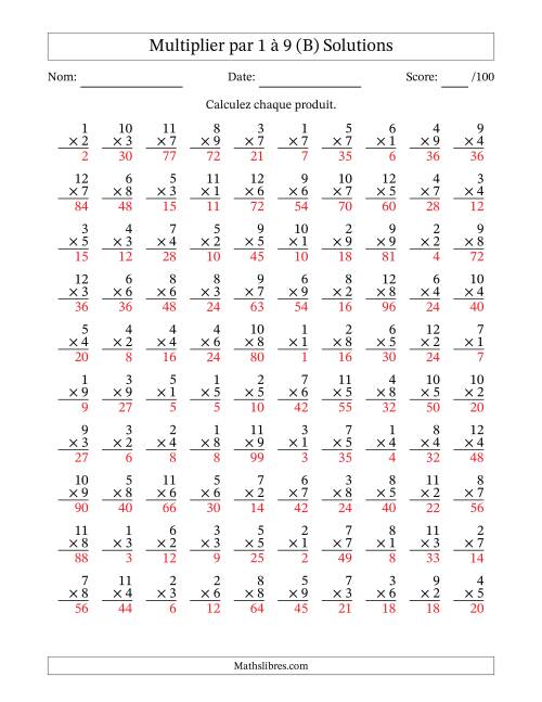 Multiplier (1 à 12) par 1 à 9 (100 Questions) (B) page 2