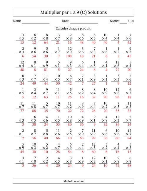 Multiplier (1 à 12) par 1 à 9 (100 Questions) (C) page 2