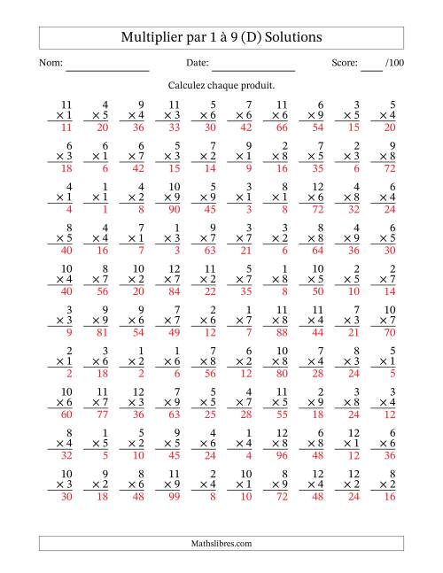 Multiplier (1 à 12) par 1 à 9 (100 Questions) (D) page 2