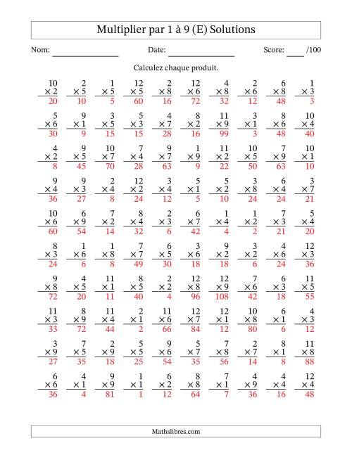 Multiplier (1 à 12) par 1 à 9 (100 Questions) (E) page 2