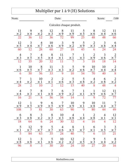 Multiplier (1 à 12) par 1 à 9 (100 Questions) (H) page 2