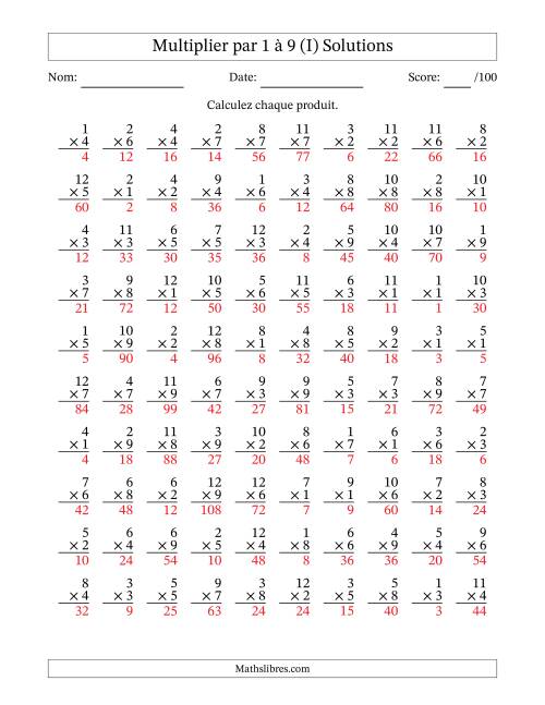 Multiplier (1 à 12) par 1 à 9 (100 Questions) (I) page 2