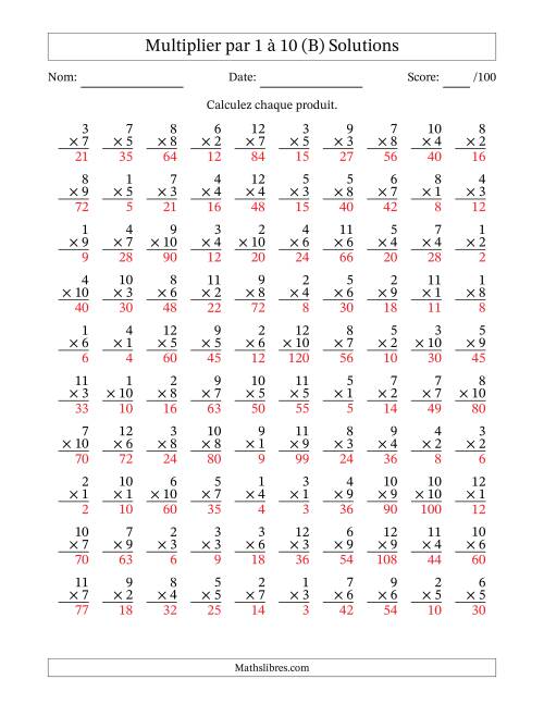 Multiplier (1 à 12) par 1 à 10 (100 Questions) (B) page 2