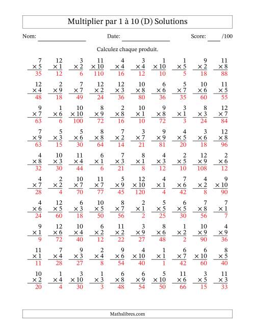 Multiplier (1 à 12) par 1 à 10 (100 Questions) (D) page 2