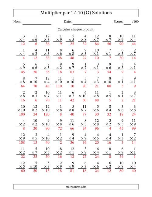 Multiplier (1 à 12) par 1 à 10 (100 Questions) (G) page 2