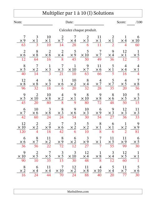 Multiplier (1 à 12) par 1 à 10 (100 Questions) (I) page 2