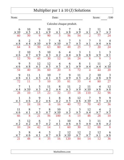 Multiplier (1 à 12) par 1 à 10 (100 Questions) (J) page 2