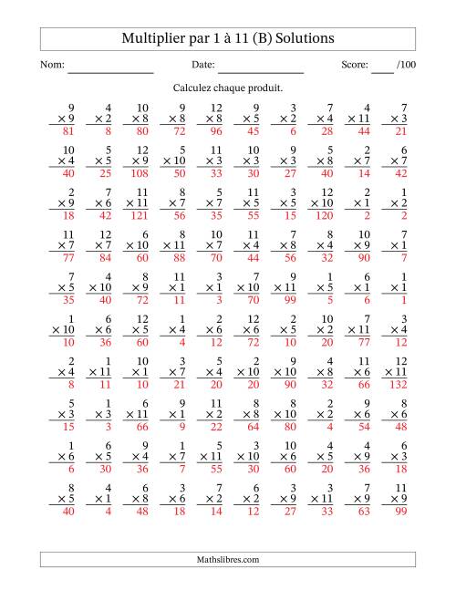 Multiplier (1 à 12) par 1 à 11 (100 Questions) (B) page 2