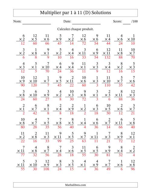 Multiplier (1 à 12) par 1 à 11 (100 Questions) (D) page 2