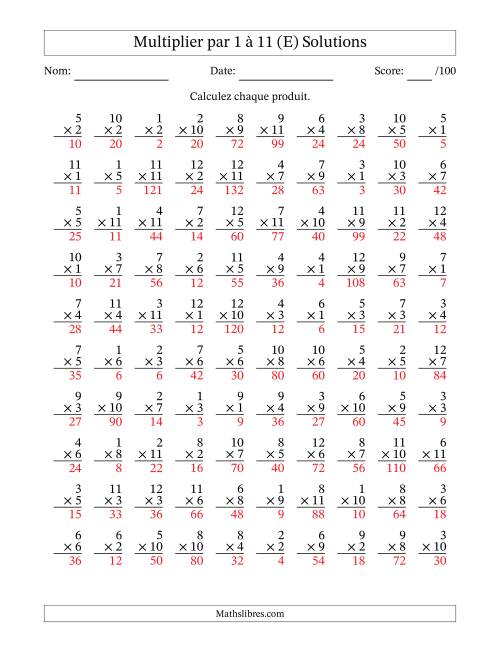 Multiplier (1 à 12) par 1 à 11 (100 Questions) (E) page 2