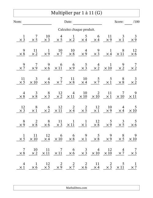 Multiplier (1 à 12) par 1 à 11 (100 Questions) (G)